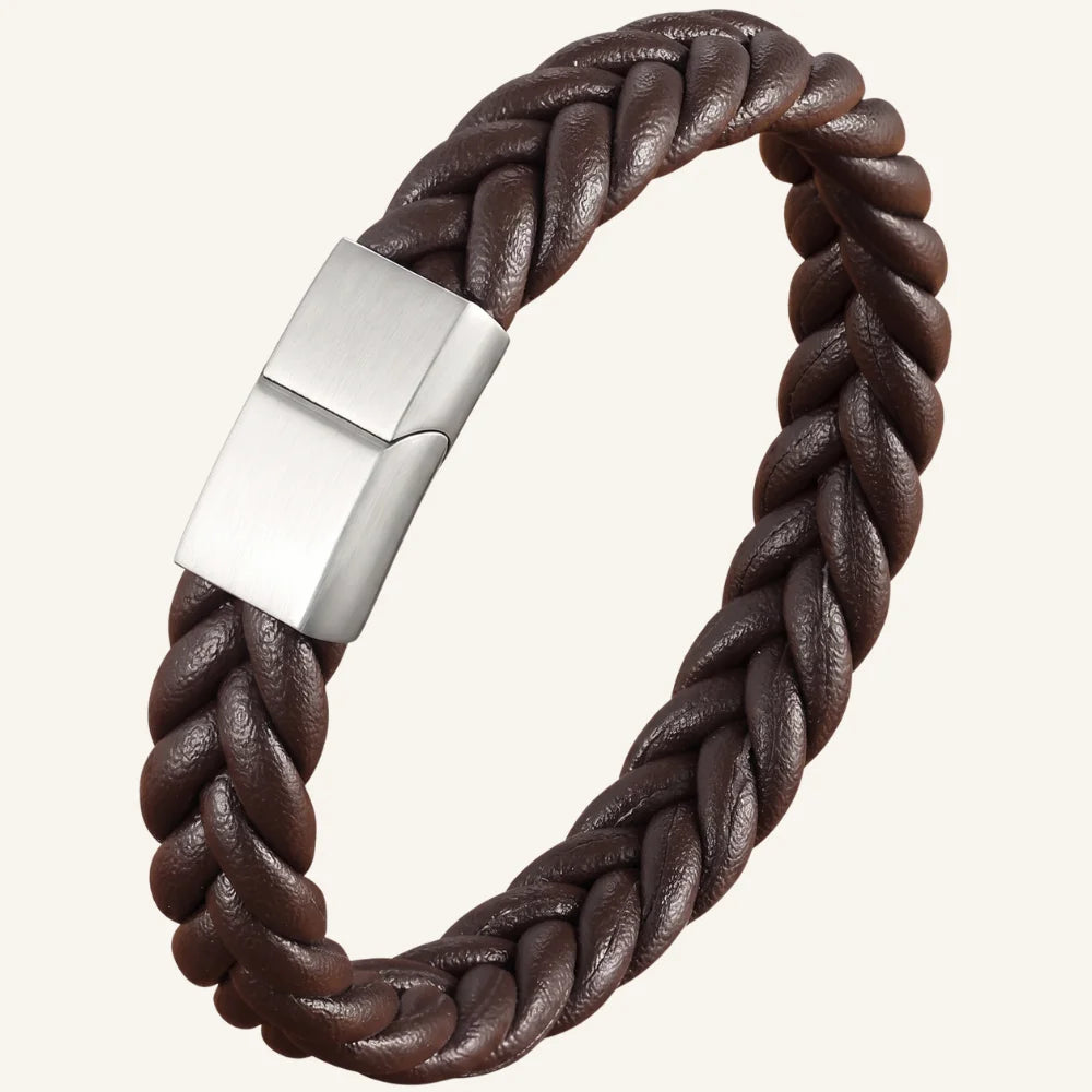bracelet homme cuir tressé argenté marron