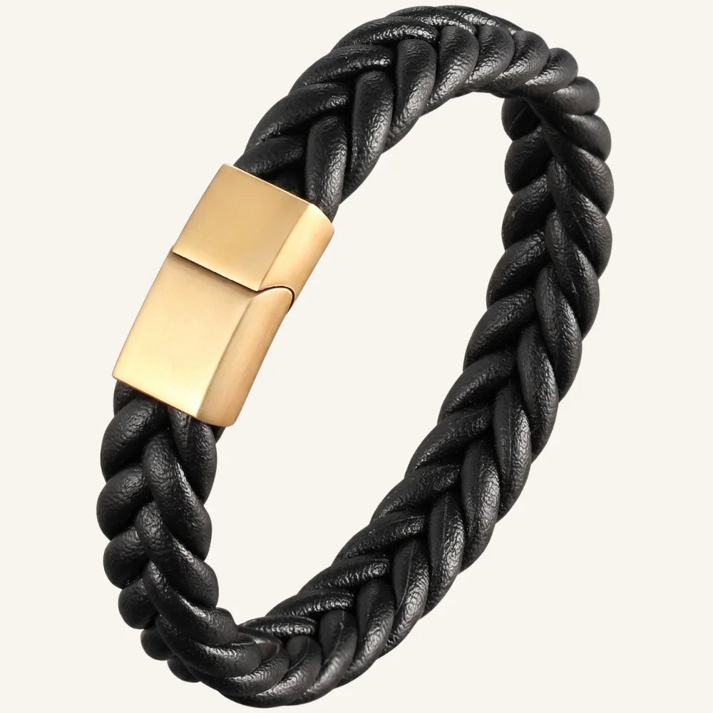 bracelet homme cuir tressé doré noir