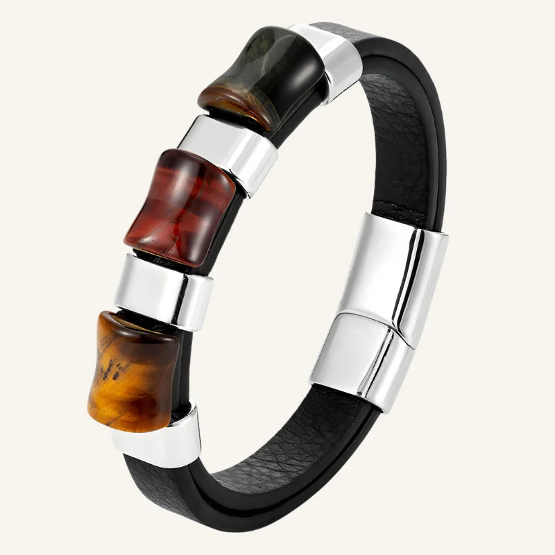 Bracelet homme œil de tigre et cuir argenté