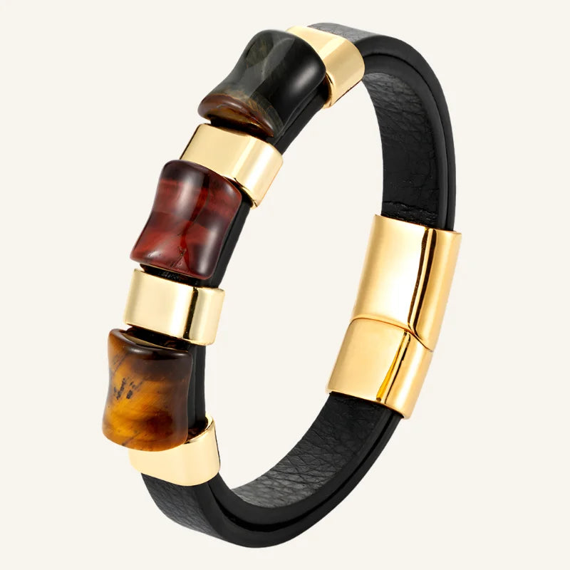 Bracelet homme œil de tigre et cuir doré