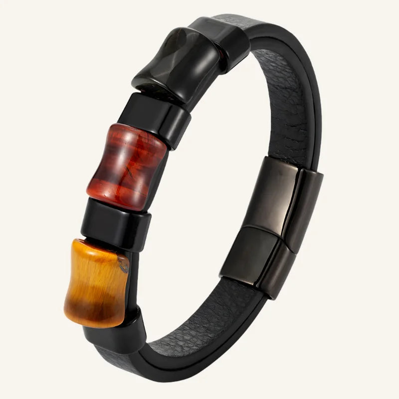 Bracelet homme œil de tigre et cuir noir