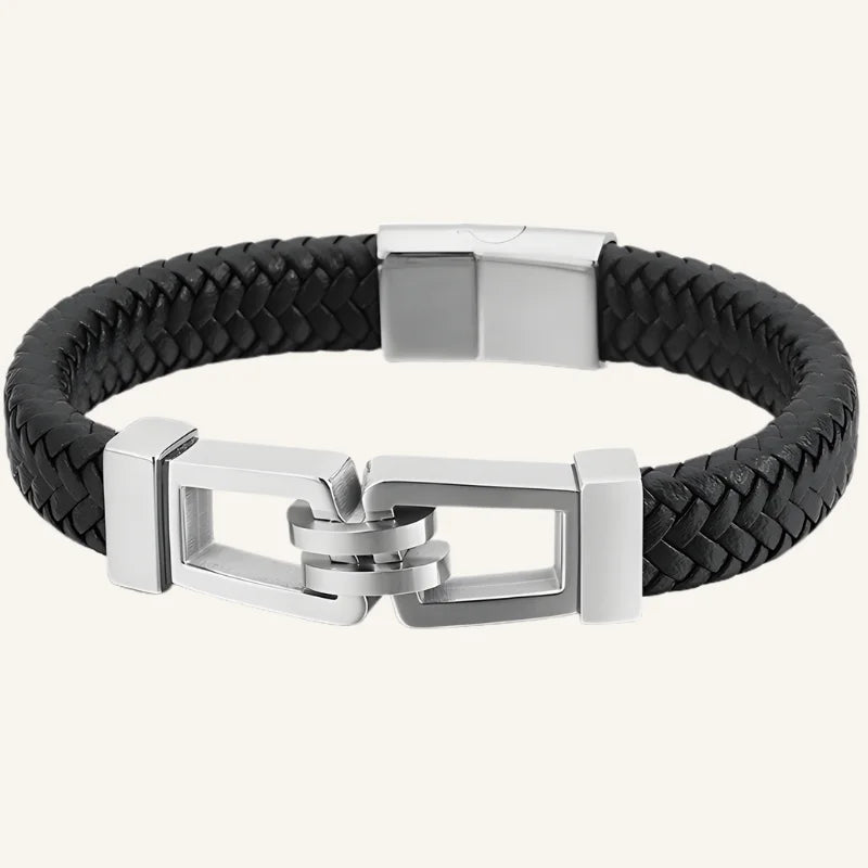 bracelet lien cuir acier argenté