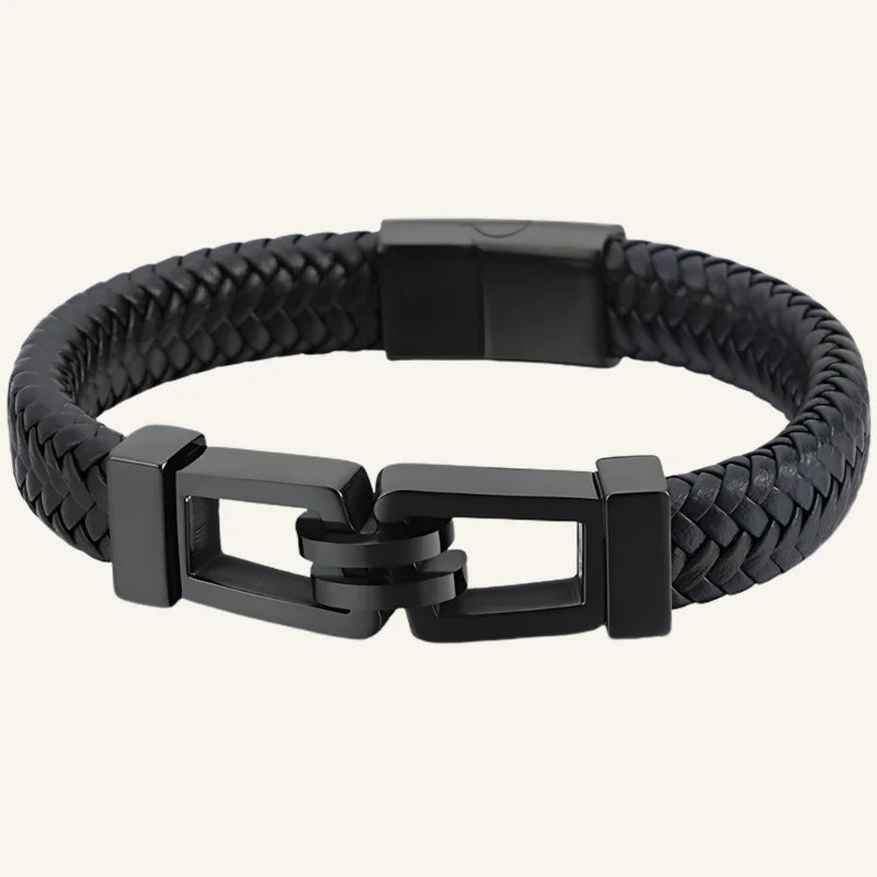 bracelet lien cuir acier noir
