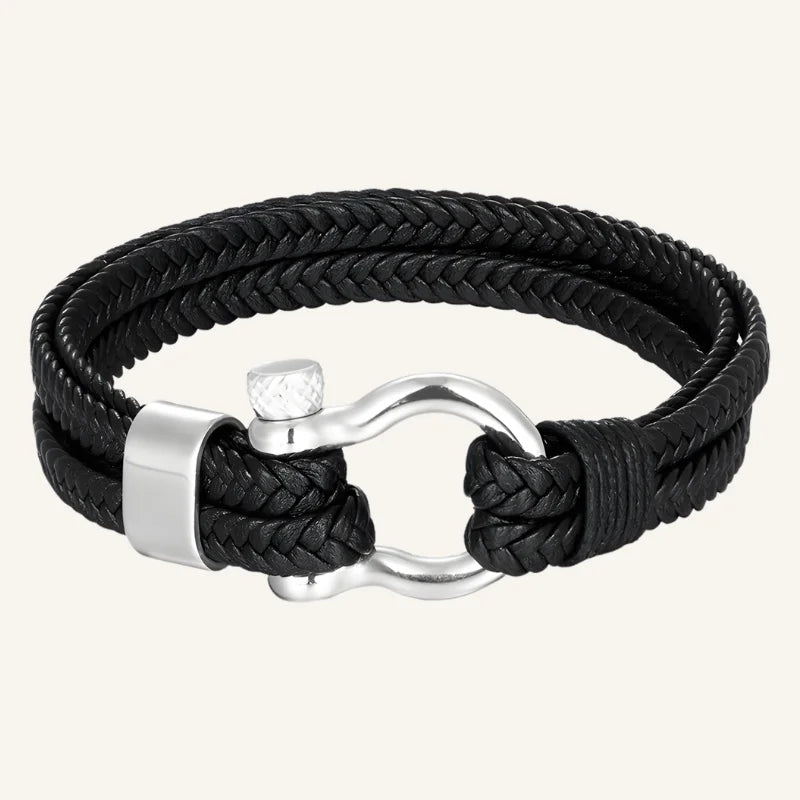 bracelet lien cuir noir argenté