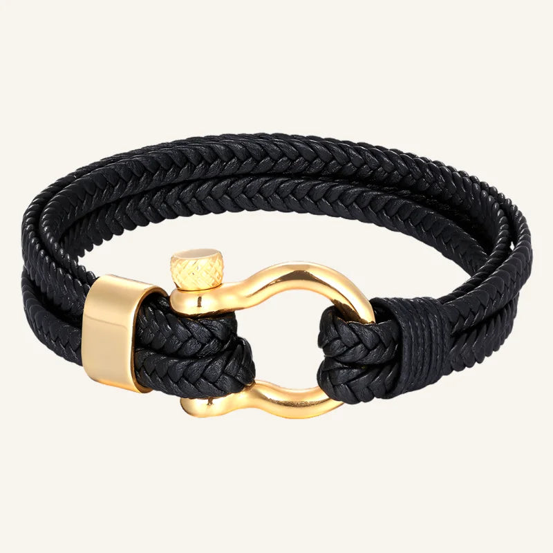 bracelet lien cuir noir doré