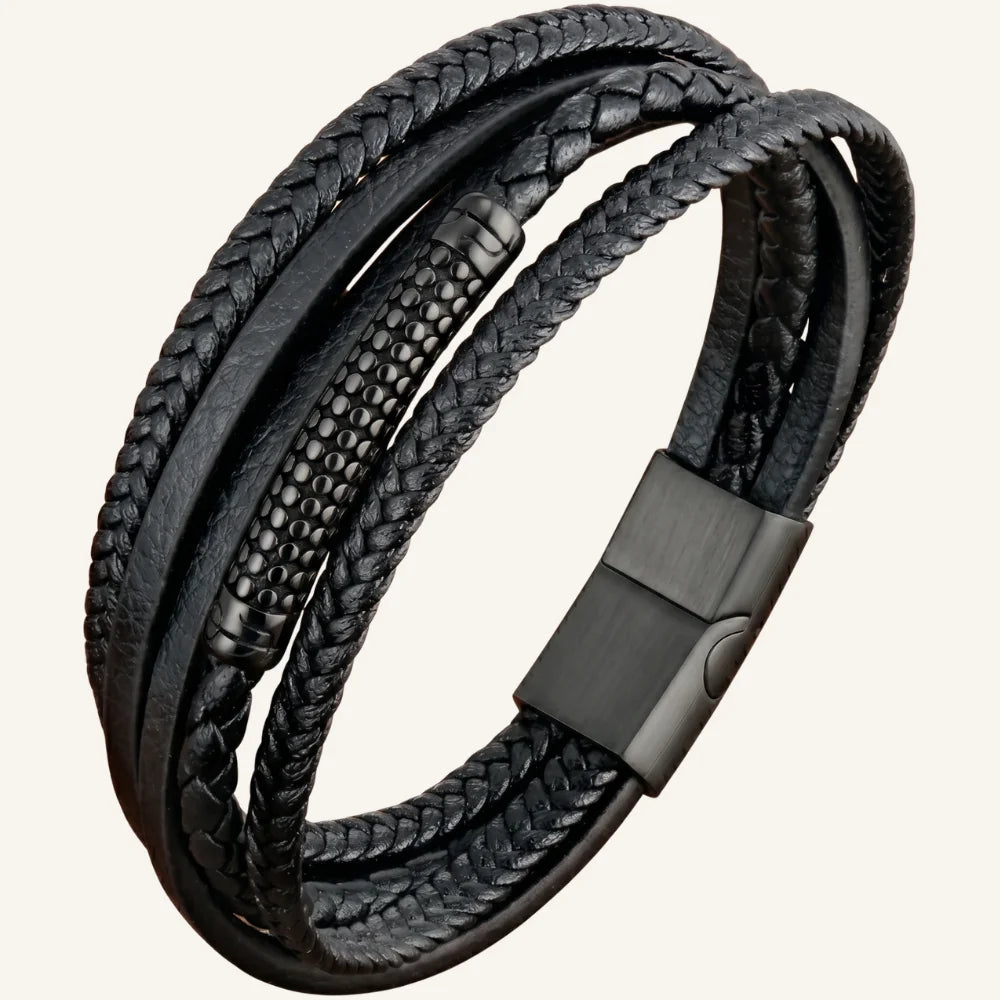 bracelet multi-rangs acier et cuir noir