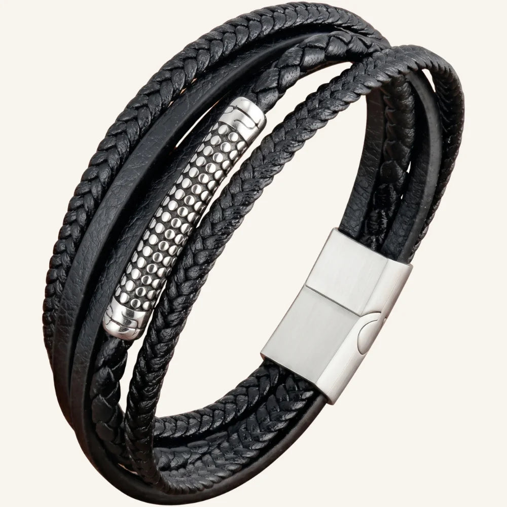 bracelet multi-rangs acier et cuir