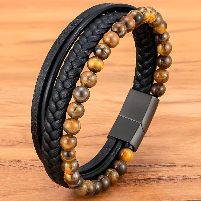 bracelet multi-rangs pierres et cuir