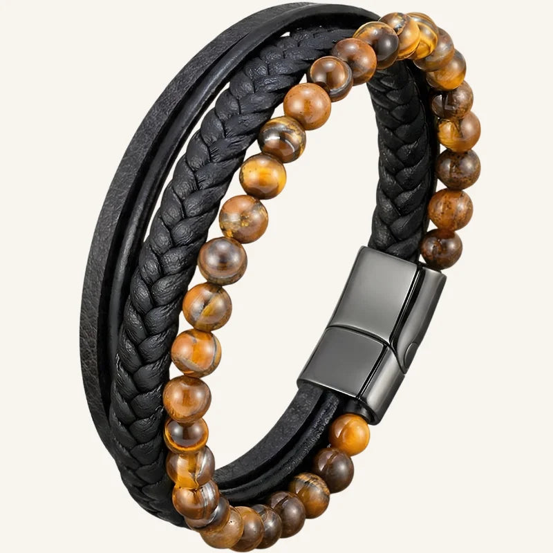 bracelet multi-rangs pierres naturelles cuir