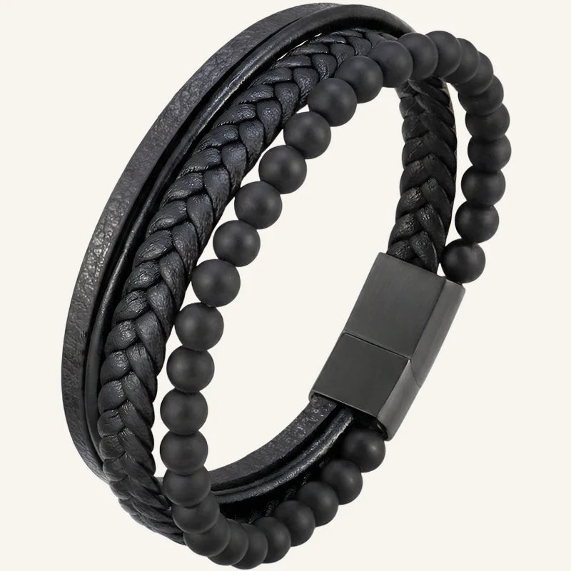 bracelet multi-rangs pierres naturelles et cuir