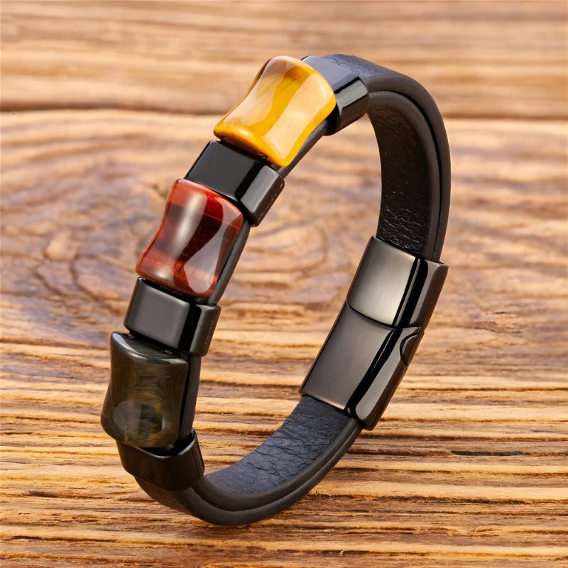 Bracelet œil de tigre et cuir noir