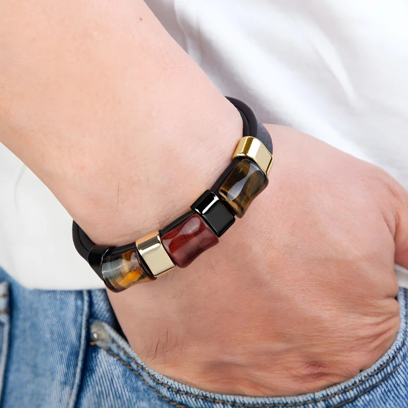 Bracelet œil de tigre et cuir