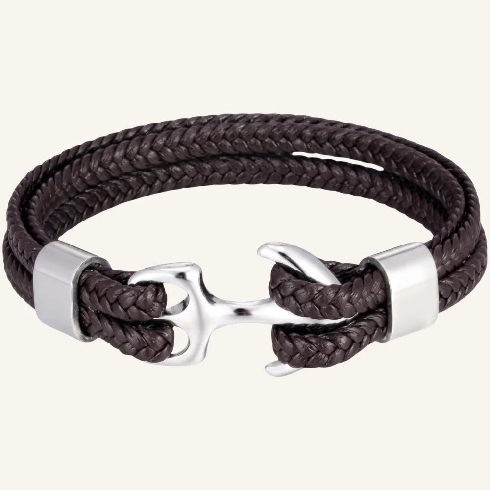bracelet tressé cuir double ancre homme marron