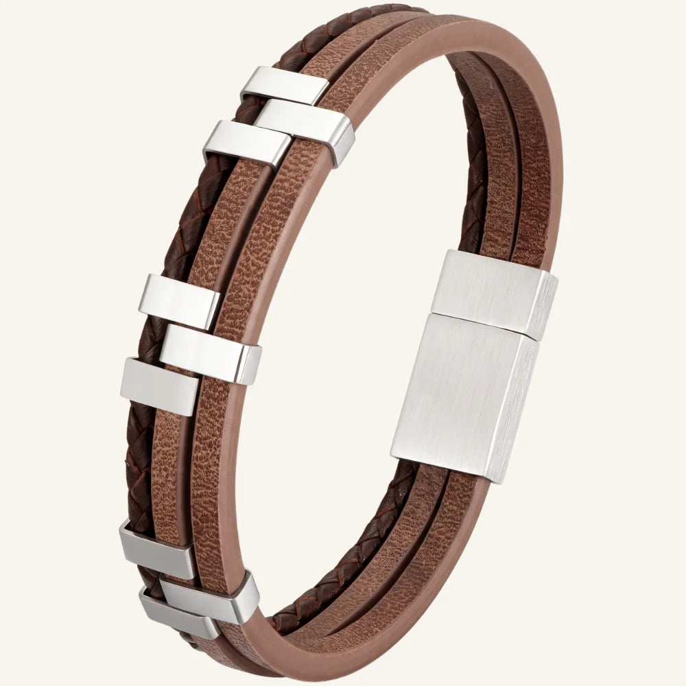 bracelet triple en cuir et acier superposé