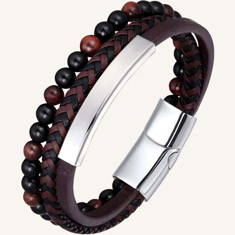 bracelet triple pierres naturelles cuir marron