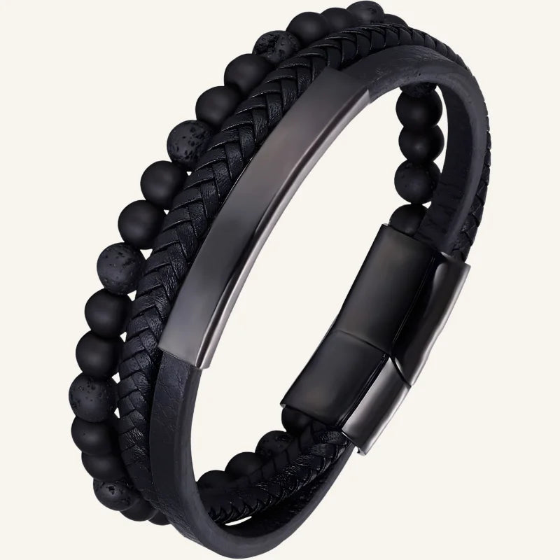 bracelet triple pierres naturelles cuir noir