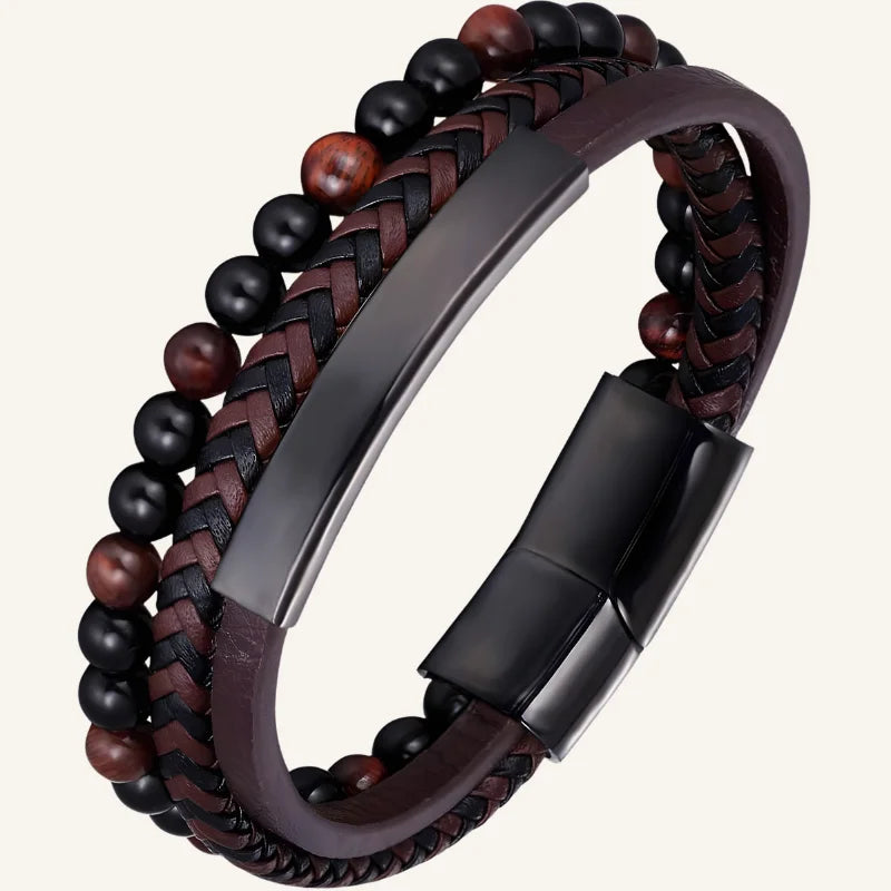 bracelet triple pierres naturelles et cuir marron