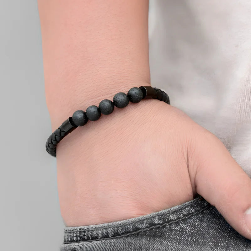 démo bracelet cuir et pierres de lave 