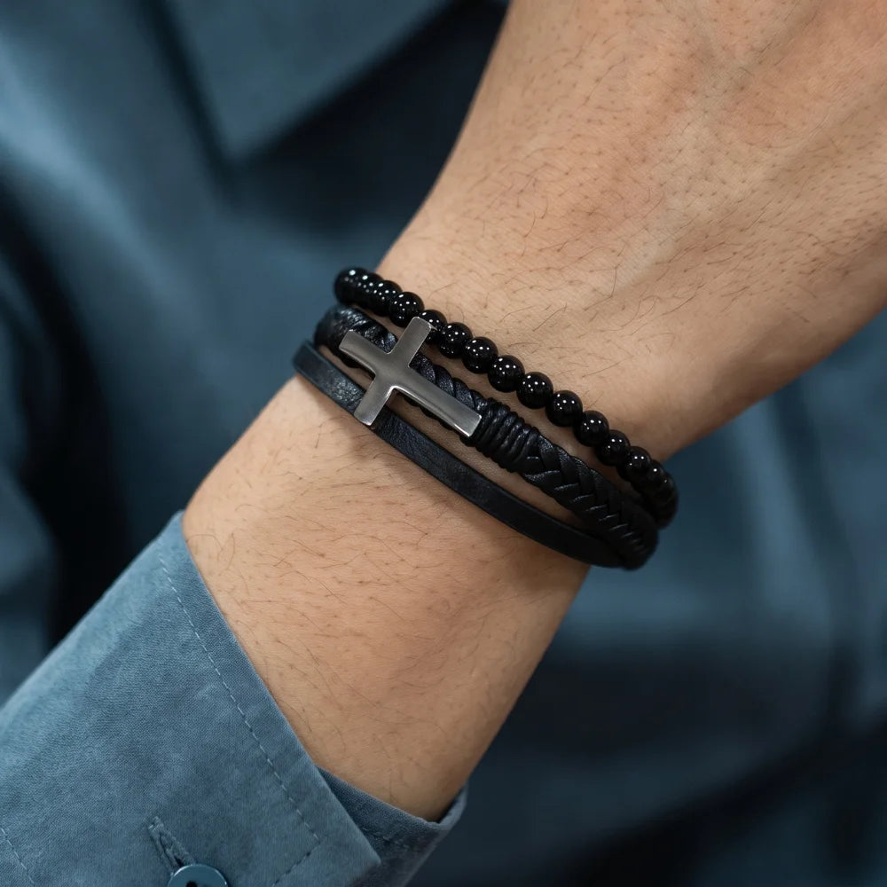 démo bracelet cuir et pierres naturelles croix