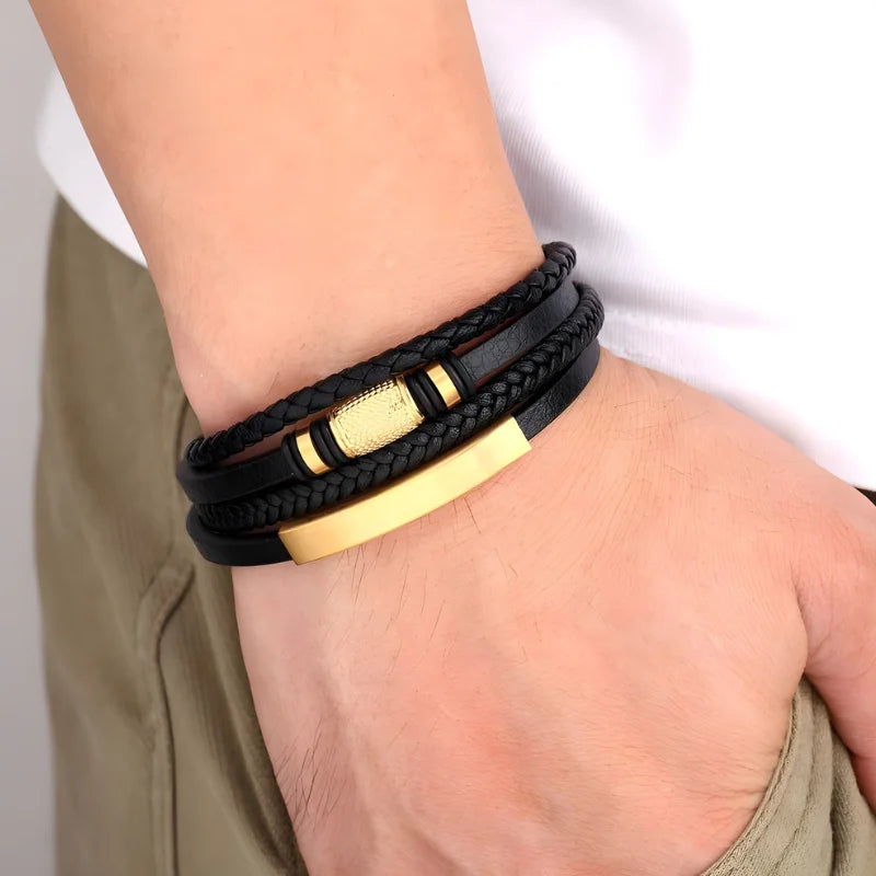 démo bracelet cuir multi-rangs acier