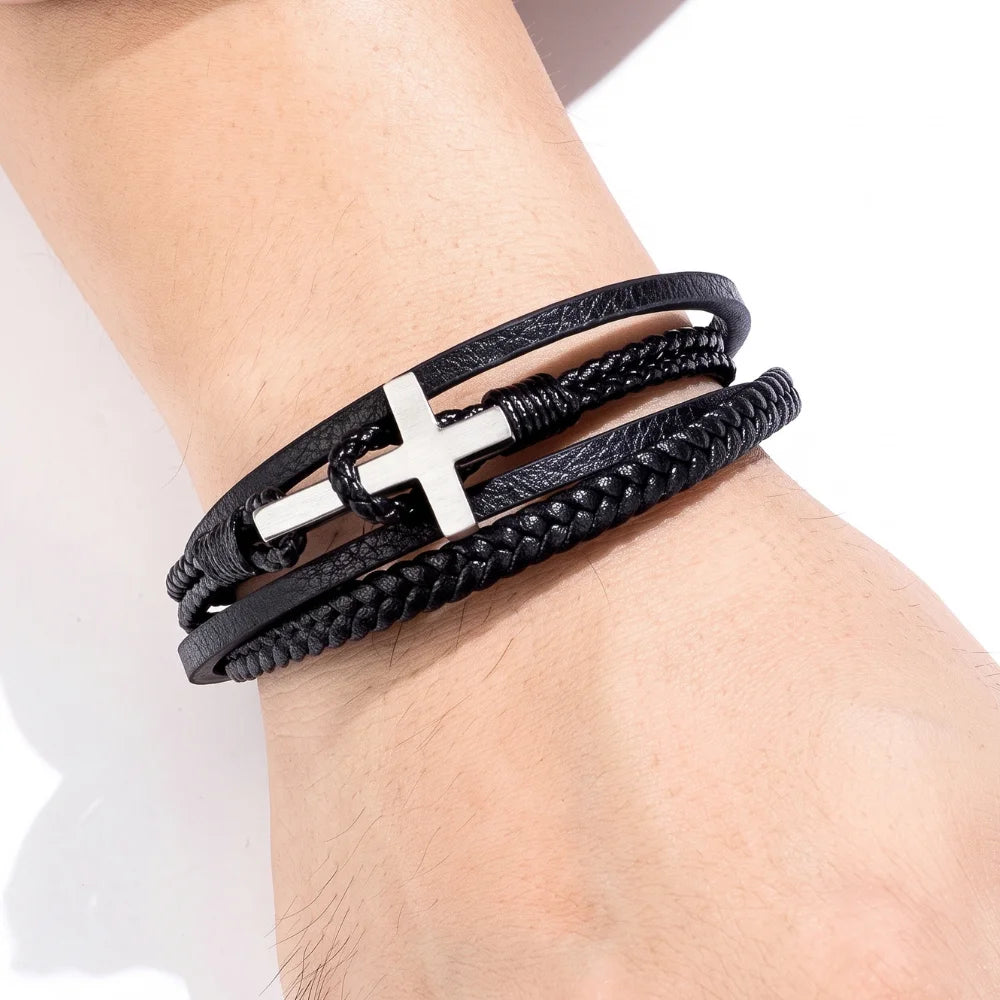 démo bracelet cuir multi-rangs croix