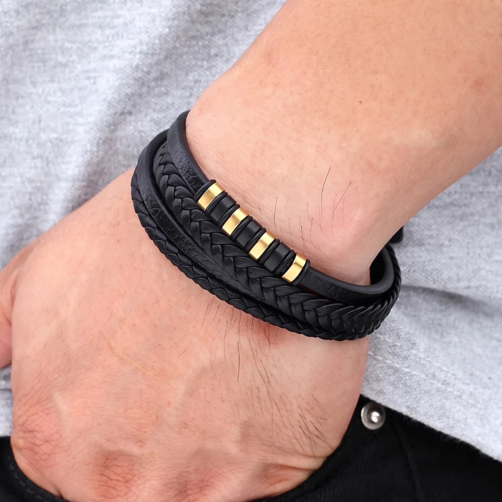 démo bracelet cuir multi-rangs et acier bicolore