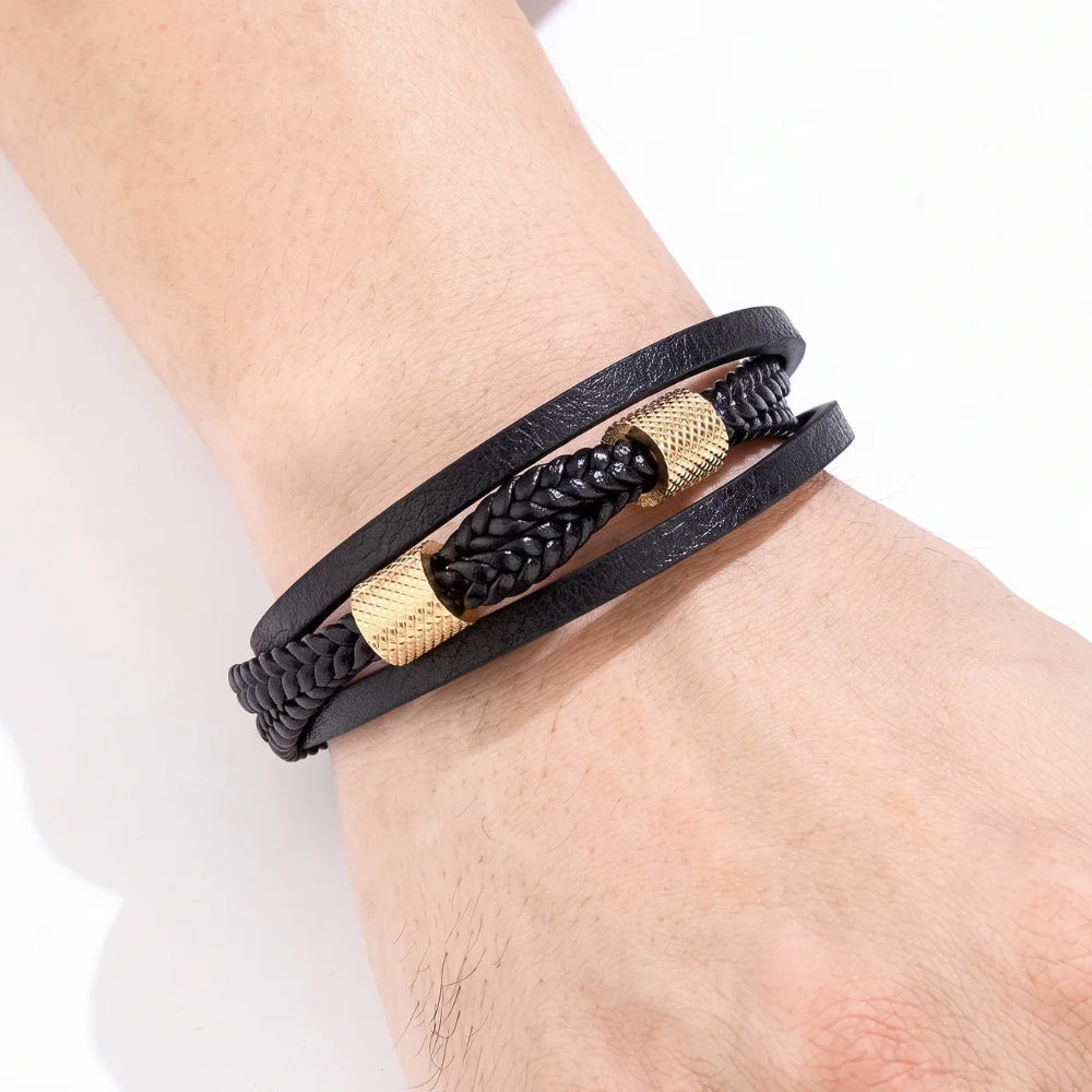 démo bracelet cuir multi-rangs et acier
