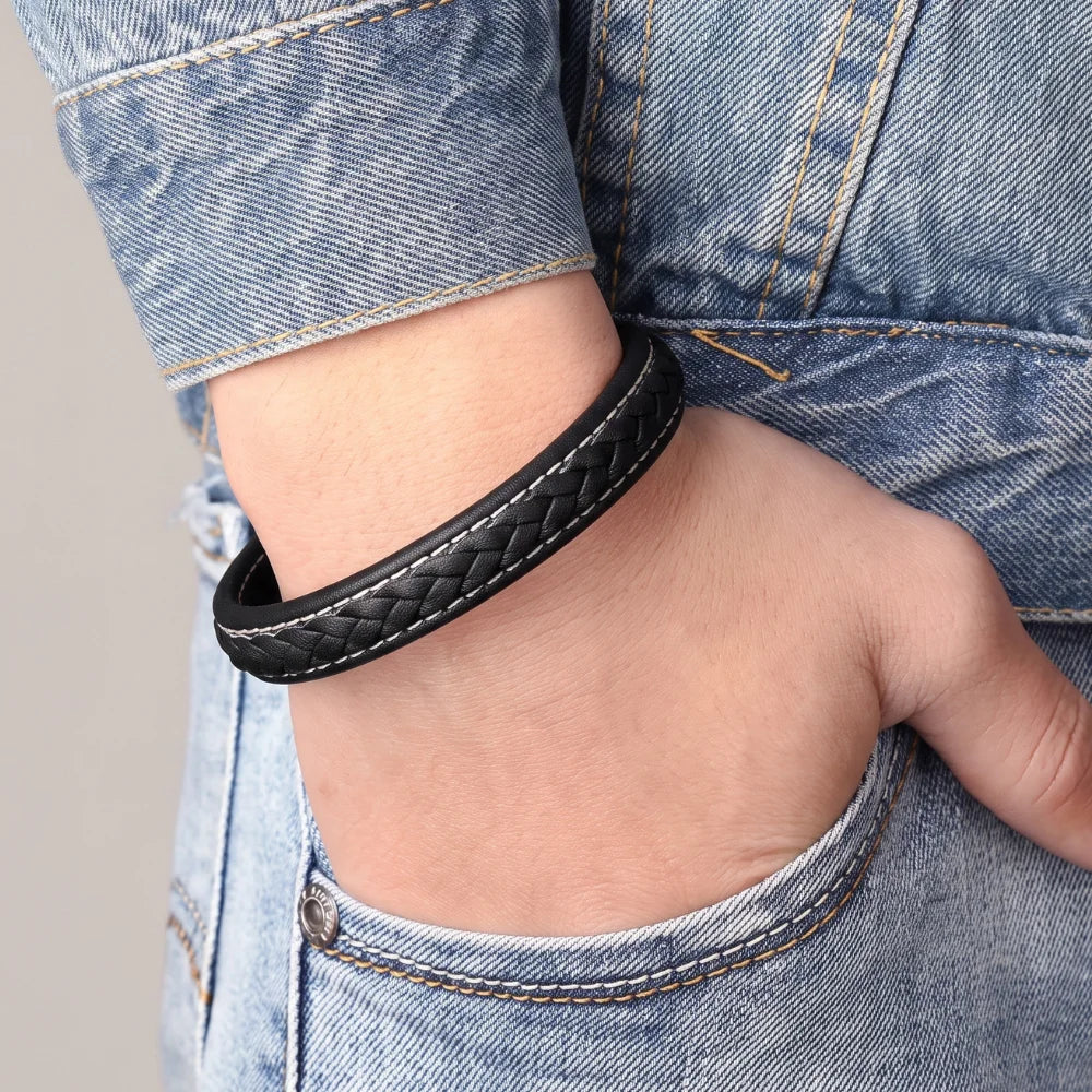 démo bracelet cuir surpiqué et acier brossé
