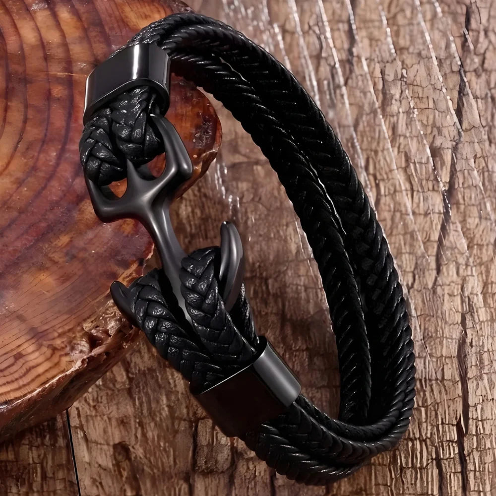 démo bracelet cuir tressé double ancre homme Image