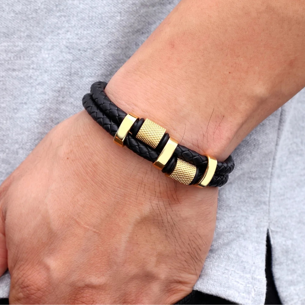 démo bracelet cuir tressé double et acier