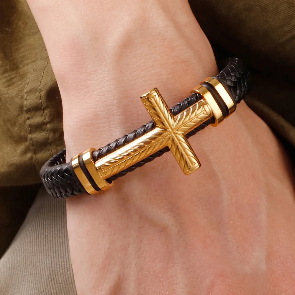 démo bracelet cuir tressé et acier croix