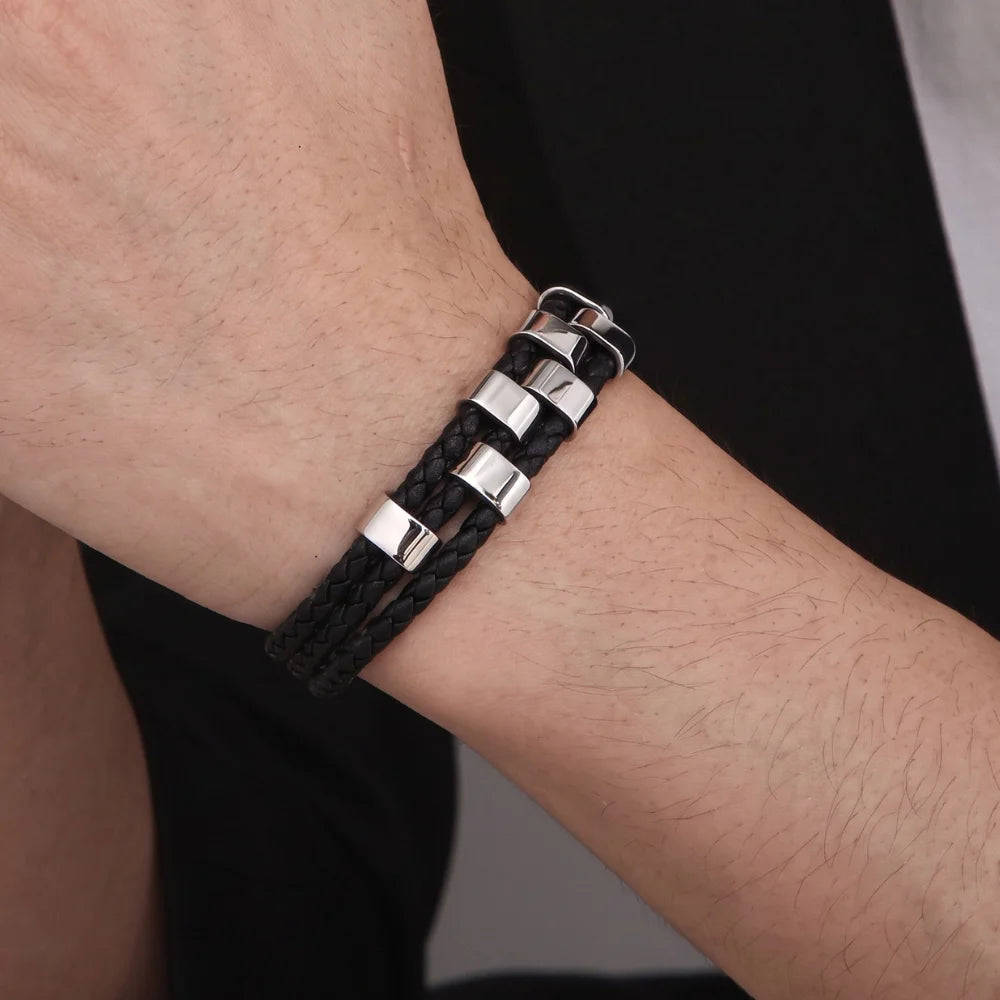 démo bracelet cuir tressé triple et acier superposé