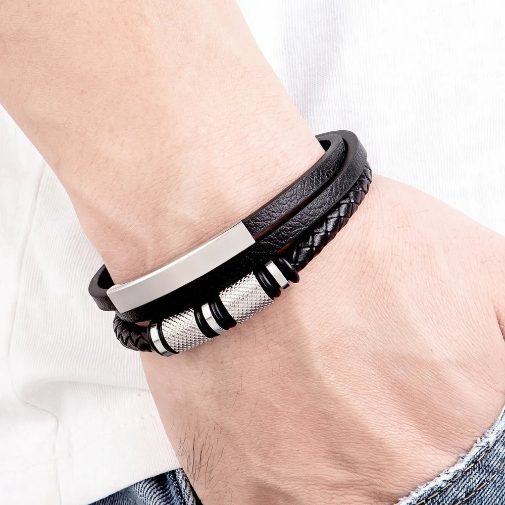 démo bracelet cuir triple et pièces en acier