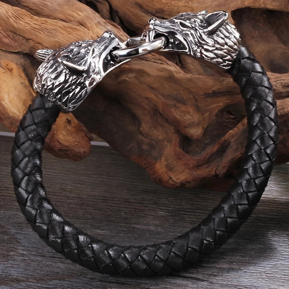 démo bracelet en cuir double tête de loup