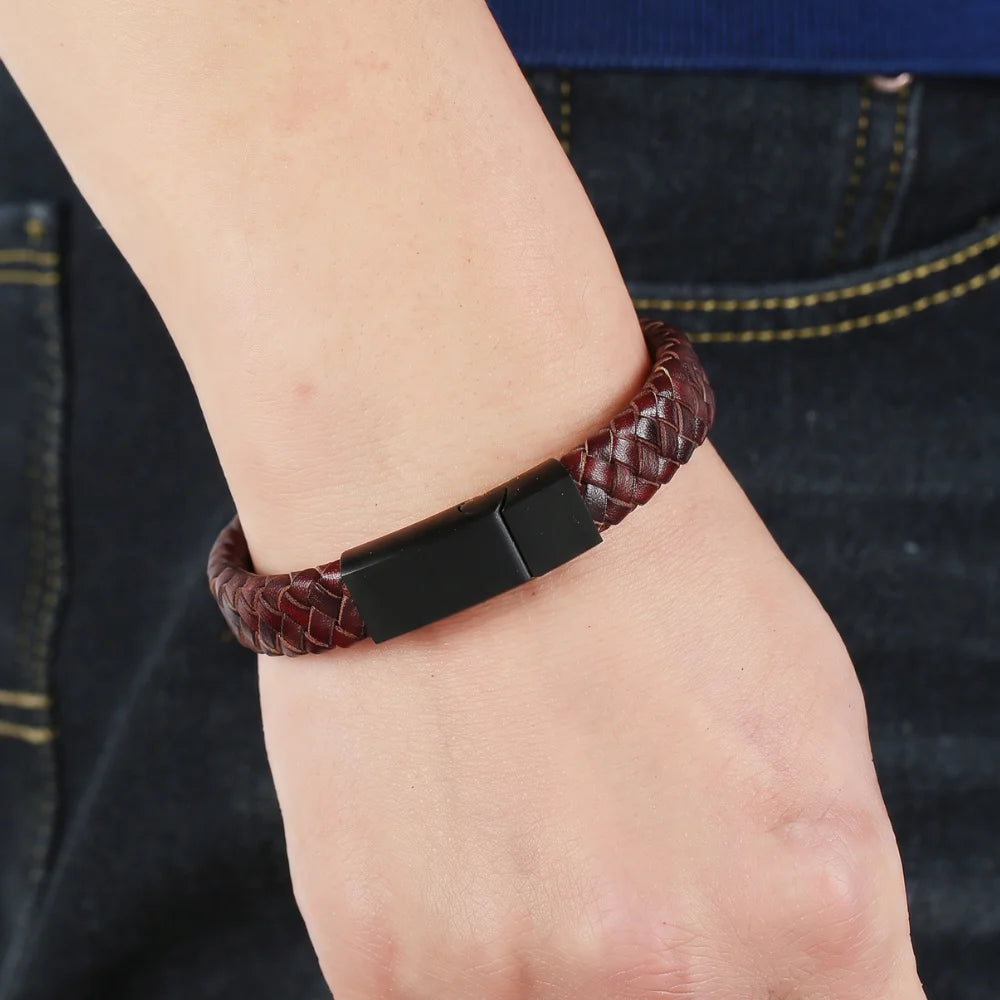 démo bracelet en cuir tressé homme acier brossé