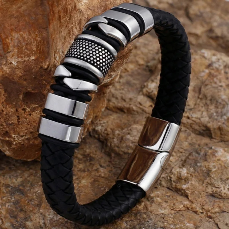 démo bracelet homme acier et cuir