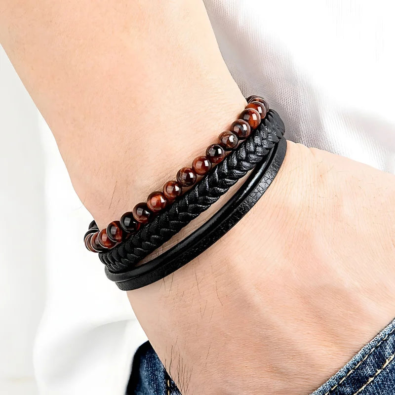 démo bracelet multi-rangs pierres naturelles et cuir
