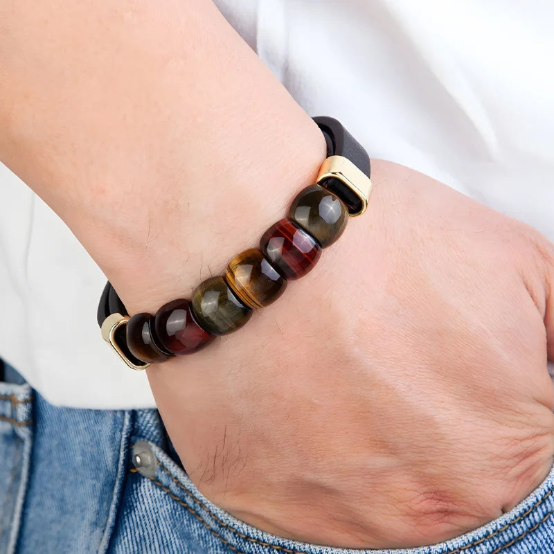 démo bracelet pierres œil de tigre et cuir