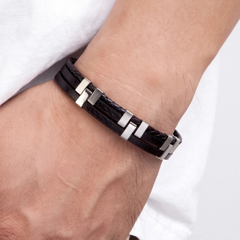 demo bracelet triple cuir et acier superposé
