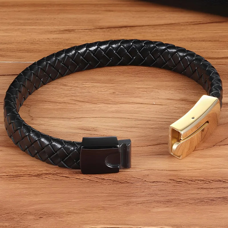 ouvert bracelet cuir tressé acier
