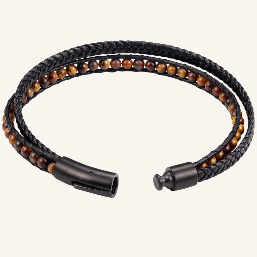 ouverture bracelet cuir double et pierres œil de tigre