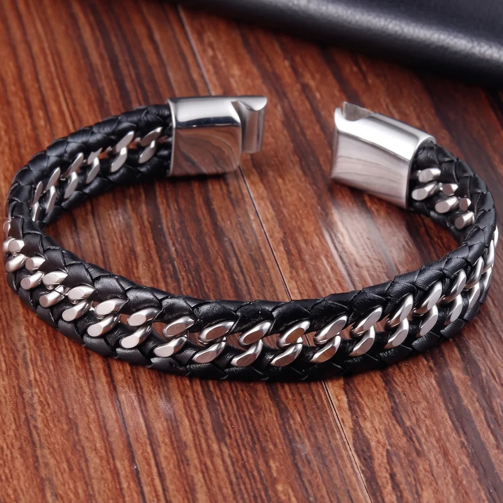 ouverture bracelet cuir et chaîne en acier