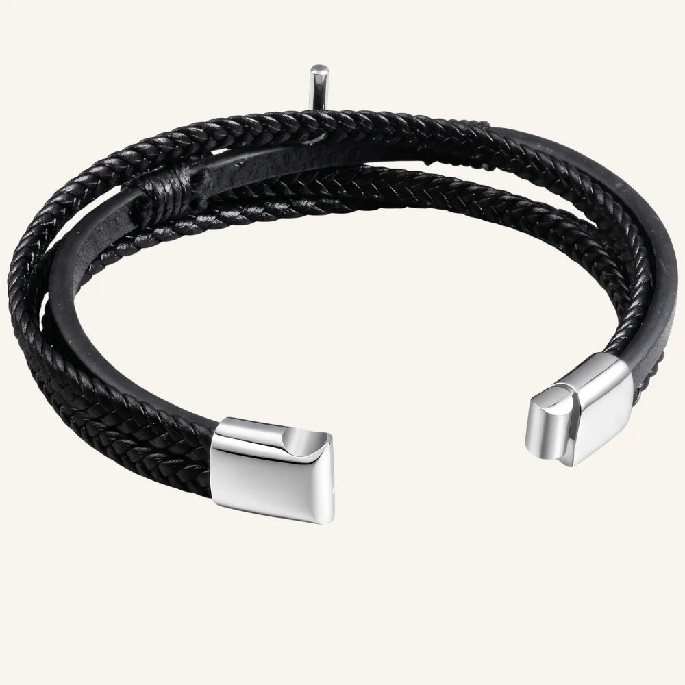 ouverture bracelet cuir homme multi-rangs acier croix