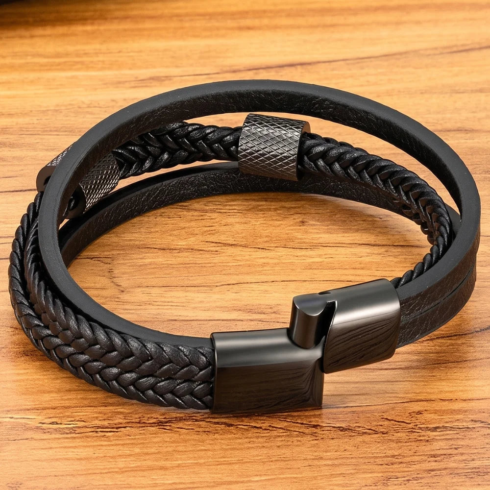 ouverture bracelet cuir multi-rangs et acier