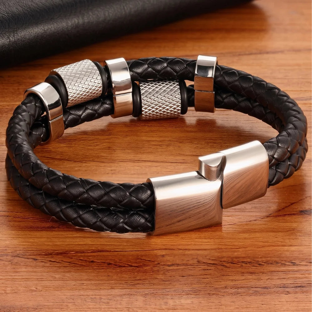 ouverture bracelet cuir tressé double et acier