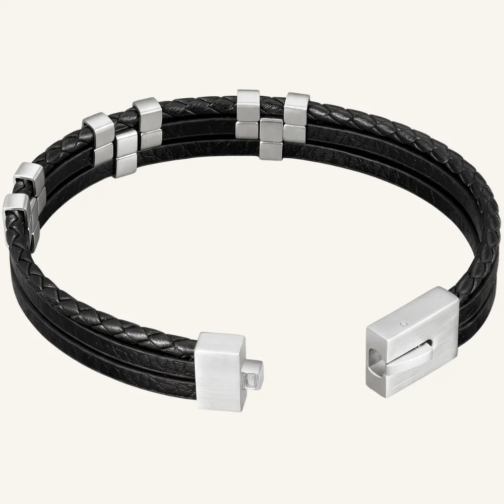 ouverture bracelet triple cuir et acier superposé