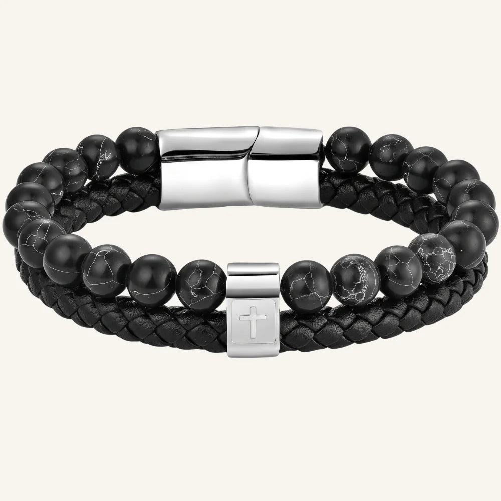 produit bracelet cuir double acier croix et pierres naturelles Image