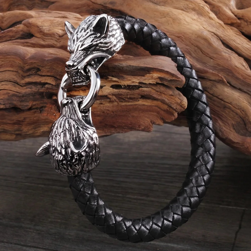 produit bracelet cuir double tête de loup Image