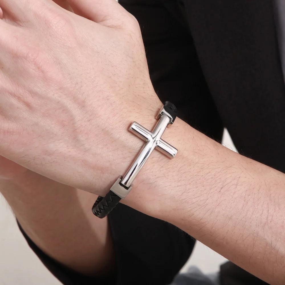 produit bracelet cuir et acier croix Image