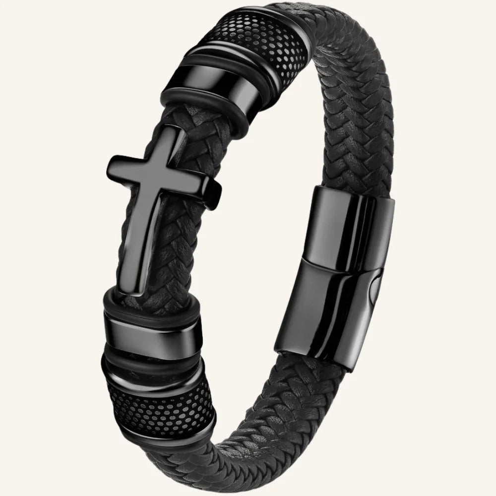 produit bracelet cuir homme et acier croix Image
